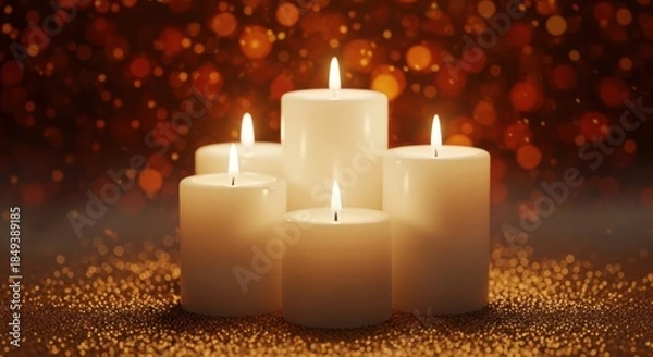 Fototapeta Five white pillar candles burning brightly on golden glitter with an orange bokeh background