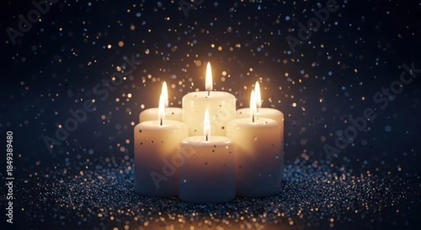 Fototapeta White pillar candles burning on sparkling glitter against a dark bokeh background