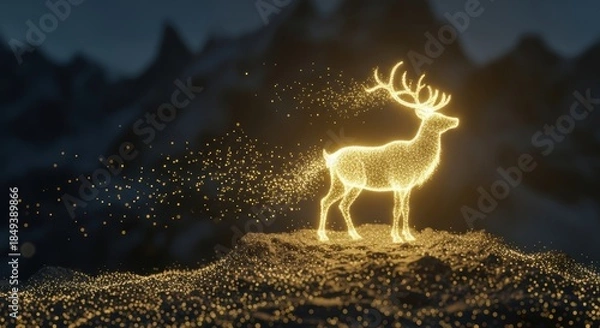 Fototapeta Glowing golden stag composed of particles on a dark mountain background