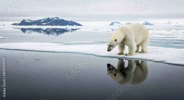 Fototapeta Polar bear standing on ice staring into the calm water surface with distant snowy peaks