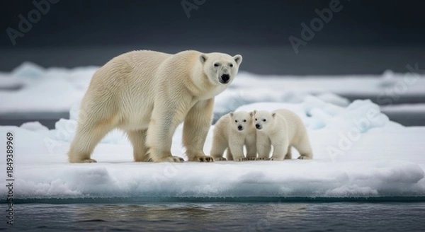 Fototapeta Polar bear mother and two cubs standing on a floating ice floe in the arctic sea