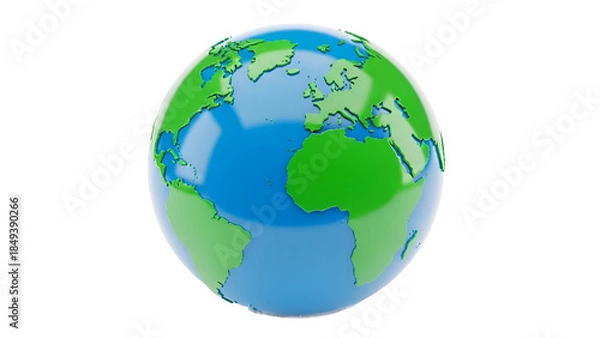 Fototapeta 3D Earth Globe Icon with Green Continents and Blue Oceans, Isolated on Transparent Background