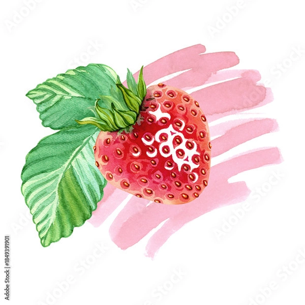 Fototapeta A red, juicy strawberry with a green leaf against a pink splash of strawberry juice or yogurt. A beautiful berry design. Summer red berries. Sweet ripe strawberry. Hand drawn watercolor illustration