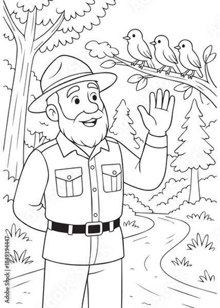 Obraz coloring book Forest Ranger Dad greeting and waving at birds perched on branch during forest patrol