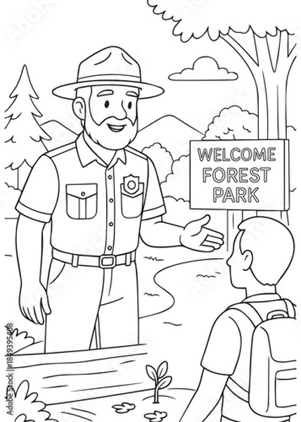 Obraz coloring book Forest Ranger Dad welcoming visitor near welcome forest park sign and guiding about nature safety rules