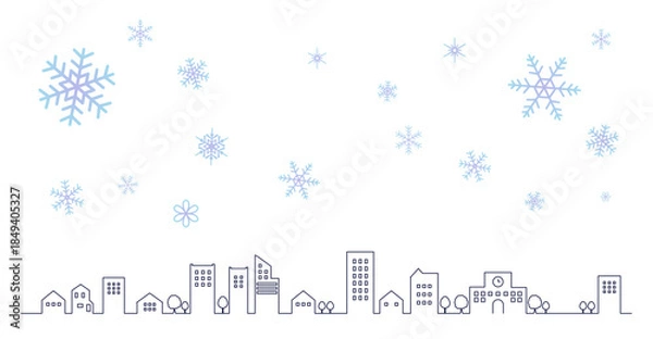 Obraz 雪の結晶とシンプルな街並みのシルエットの線画イラスト　背景イラスト　都市景観
