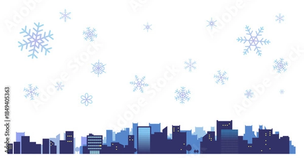 Obraz 雪の結晶とシンプルな街並みのシルエットのイラスト素材　背景イラスト　都市景観	