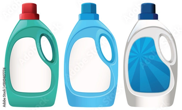 Obraz Three Plastic Laundry Detergent Bottles with Colorful Caps