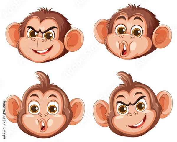 Obraz Cartoon Monkey Faces with Four Expressive Emotions