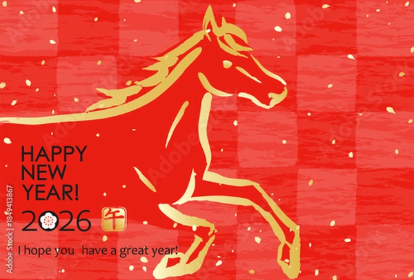 Obraz 日本の2026年賀状　和紙風市松模様に馬