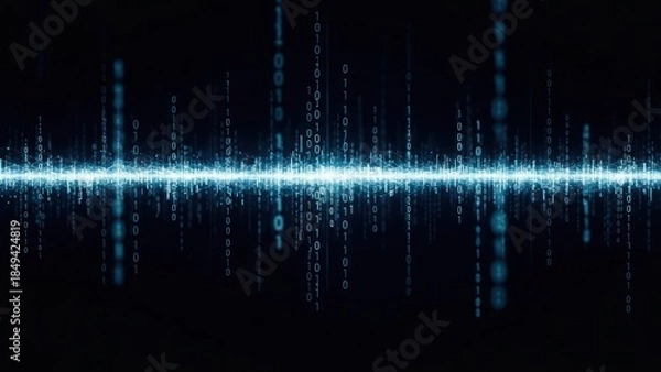 Fototapeta Blue digital data streams as binary code emanate from a central line, on black background