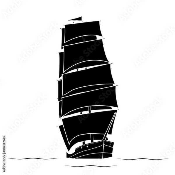 Fototapeta Black silhouette Ship of a two-masted sailboat floating on the waves