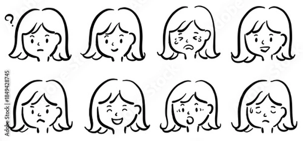 Fototapeta 若い女性の顔のイラストセット　線画