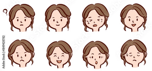 Fototapeta いろんな表情の若い女性の顔　イラストセット