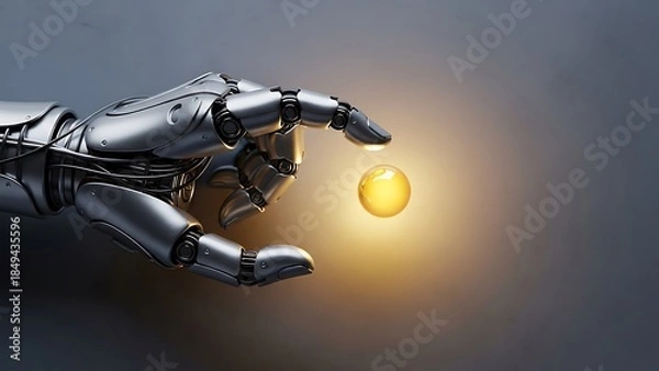 Obraz Robotic arm manipulates a luminous sphere in a technological display