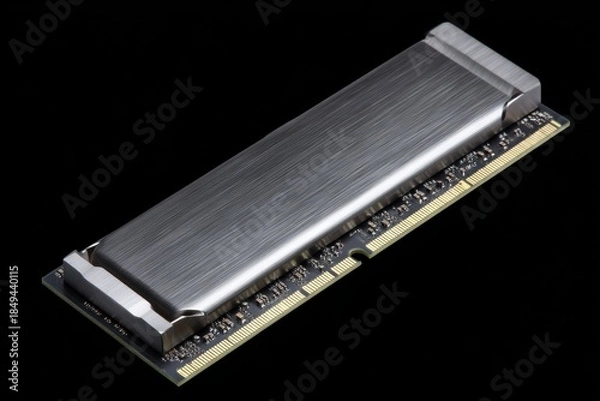 Obraz RAM memory module with gold contacts isolated on dark background.