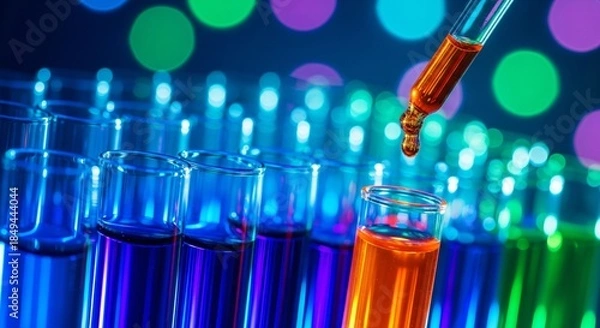 Obraz Scientific experiment with colorful liquids in laboratory test tubes and pipette.
