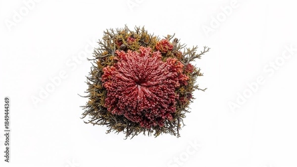 Fototapeta Abstract close-up of vibrant red, spiky natural organism isolated on white background.
