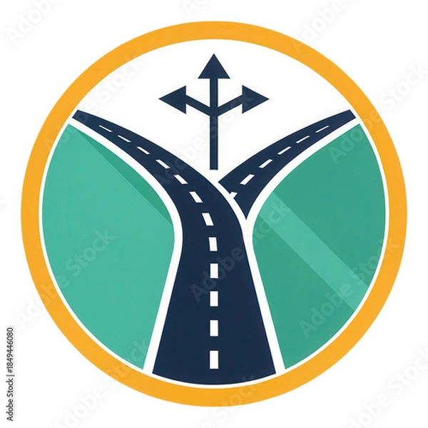 Obraz Circular road sign featuring split road with arrows indicating multiple directions. design includes transparent background, enhancing its