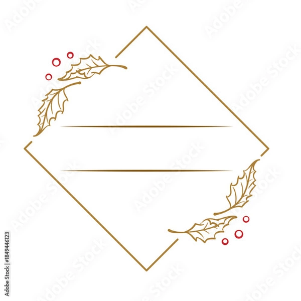 Fototapeta Christmas diamond vector frame with holly. Elegant holiday border.