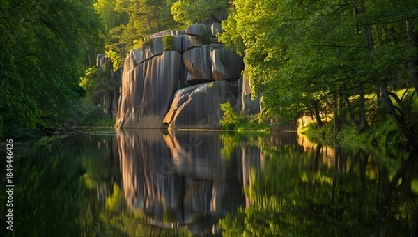 Fototapeta Serene lake surrounded by lush greenery and large rocky cliff