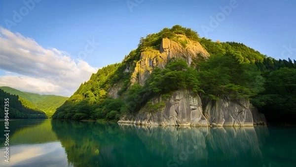 Fototapeta Serene mountain lake with lush greenery and calm waters