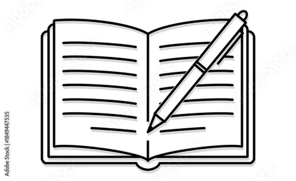 Obraz 日記を書く趣味を表すノートとペンのアウトライン線画イラストアイコン