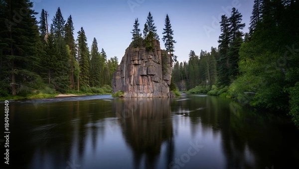 Fototapeta Serene river landscape with rugged rock formation and lush greenery
