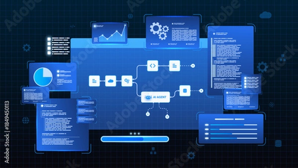 Obraz AI workflow automation artificial intelligence. ai agent network diagram dashboard system processing flow with automation pipelines, analytics dashboards, code modules and automation system.