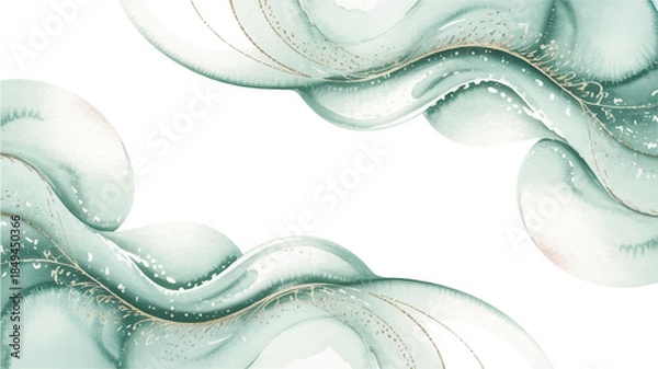Fototapeta An ethereal watercolor background featuring soft, wavy lines and abstract shapes in shades of green and gold on a white canvas
