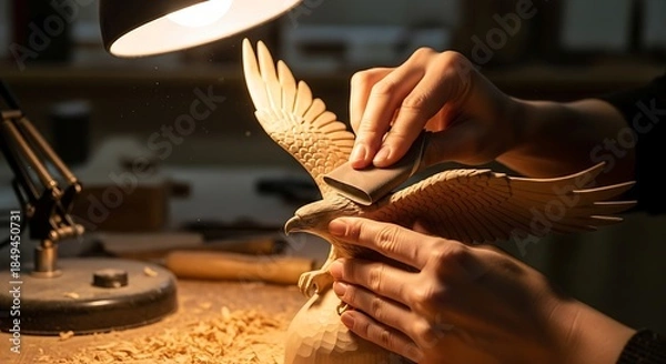 Obraz Crafting a Wooden Eagle Sculpture, Refinement Process with Smoothing tool