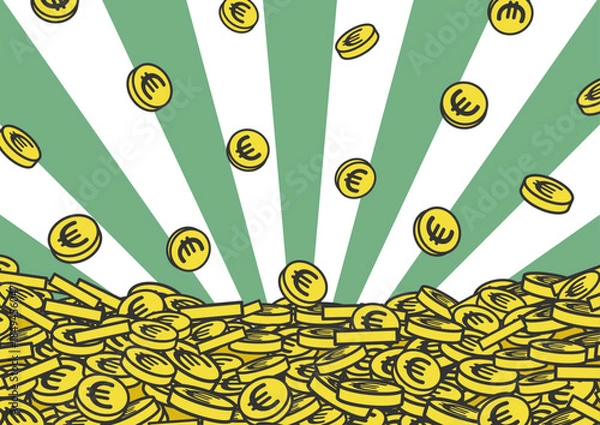 Obraz 降り注ぎ、山積みのユーロコインと放射線背景　ベクターイラスト　