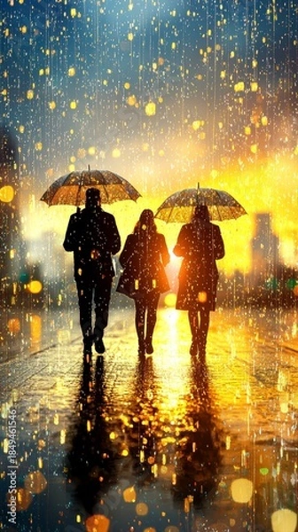 Obraz Silhouettes Walking Through Golden Rain