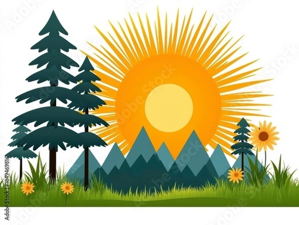 Obraz Bright Mountain Forest Sunrise Illustration