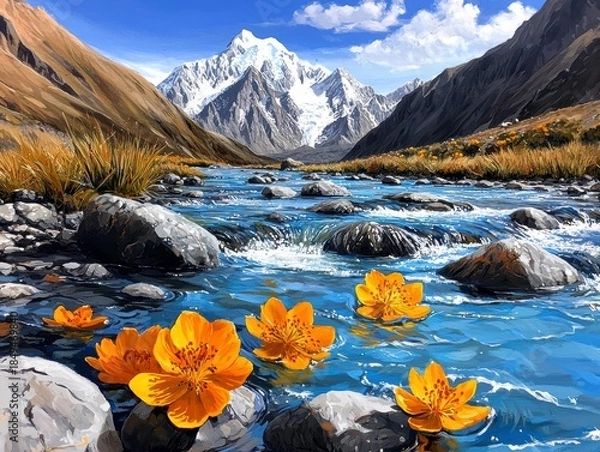 Obraz Vibrant Alpine River with Floating Flowers