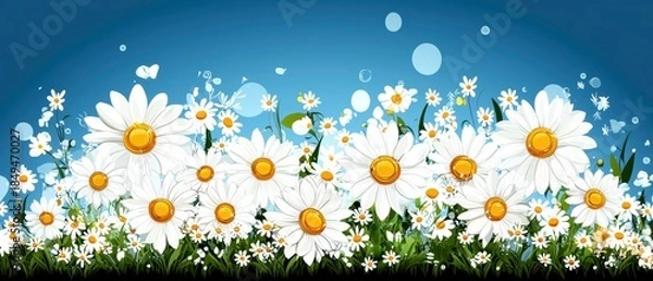Obraz Cheerful Daisy Field with Blue Sky Background