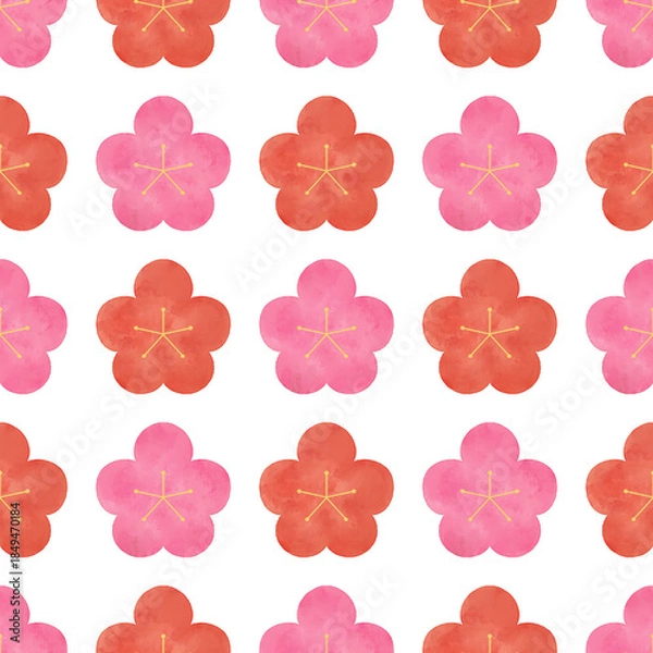 Obraz 梅の花 シームレスパターン 水彩手描きイラスト 正月 背景