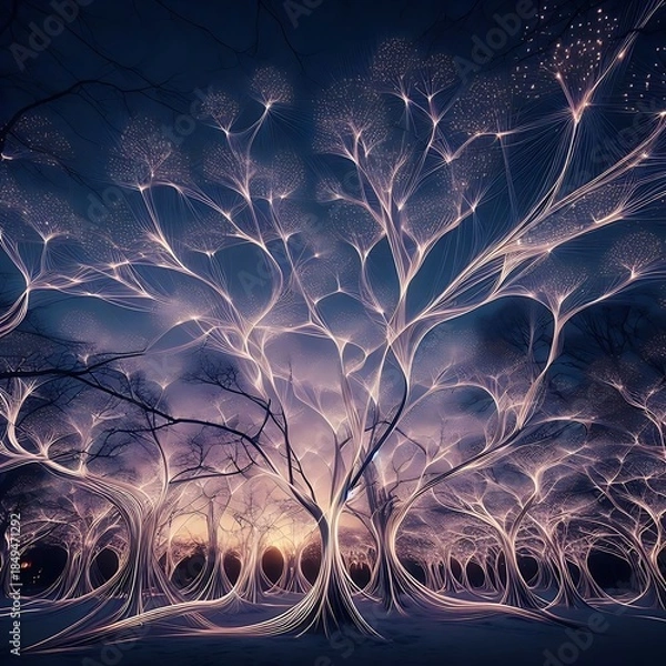 Obraz Thin glowing threads of light weaving between bare winter trees