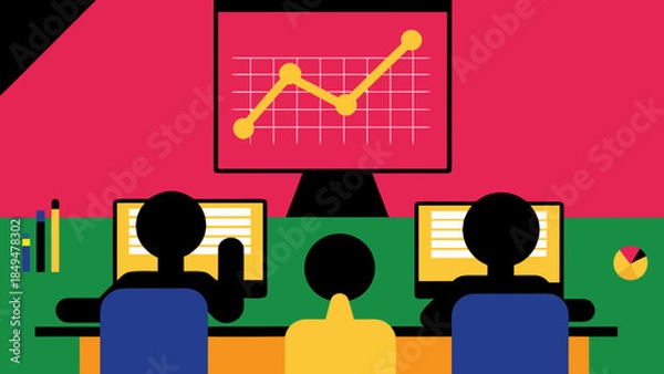 Obraz People working at computers with a graph on a screen in a colorful office setting vector image on transparent background silhouette