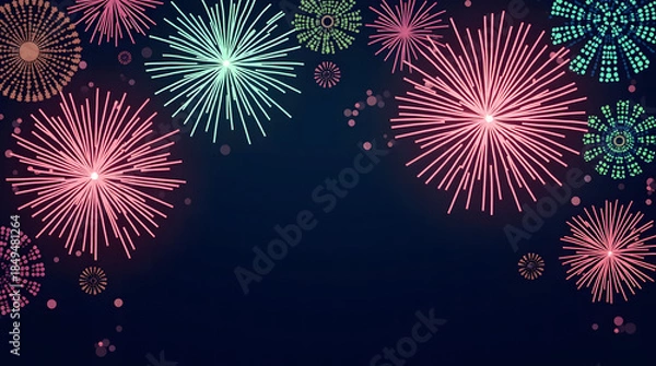 Fototapeta Festive New Year Fireworks Border Design with Colorful Bursts on Dark Background