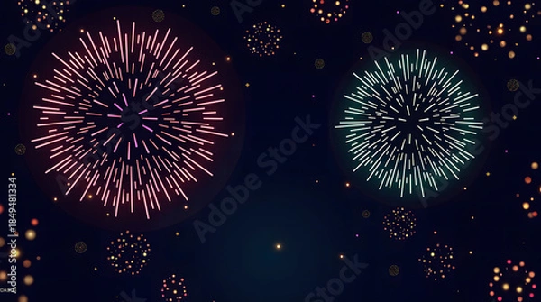 Fototapeta Bright New Year Fireworks Explosion with Colorful Particles on Dark Night Background