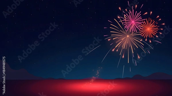 Fototapeta New Year Fireworks Above Abstract Landscape with Red Light Glow at Night