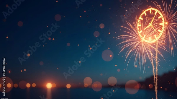 Fototapeta Abstract New Year Fireworks with Clock Shape Glow on Dark Bokeh Background