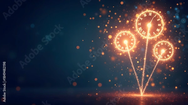 Fototapeta Creative New Year Fireworks Forming Clock Shapes on Dark Night Background