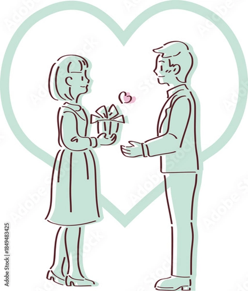 Obraz Simple line art vector illustration of a couple exchanging a gift in front of a large heart, perfect for Valentine's Day or White Day.