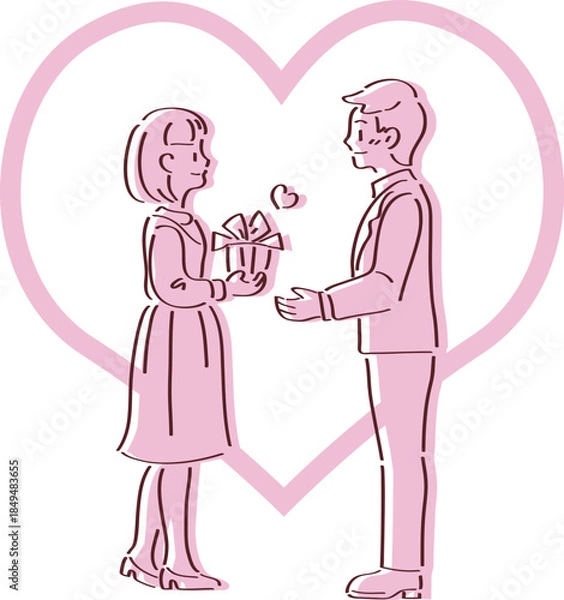 Obraz Simple line art vector illustration of a couple exchanging a gift in front of a large heart, perfect for Valentine's Day or White Day.