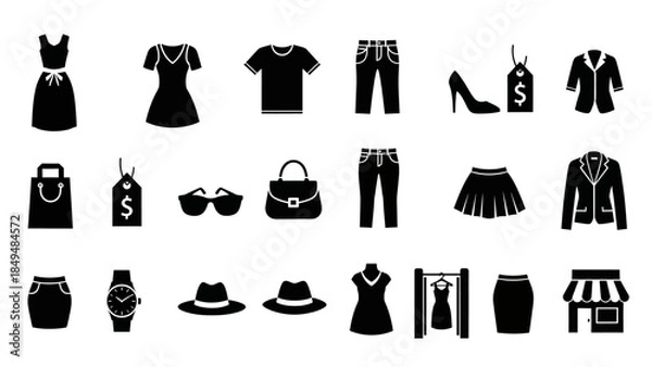 Obraz A grid of black silhouette icons representing various clothing items and shopping accessories