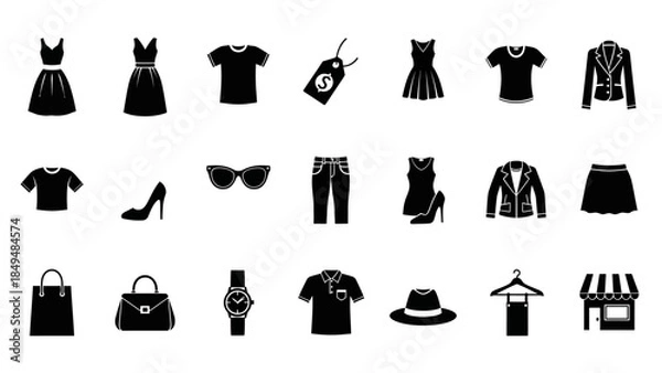 Obraz A grid of black and white icons representing various clothing items and shopping elements