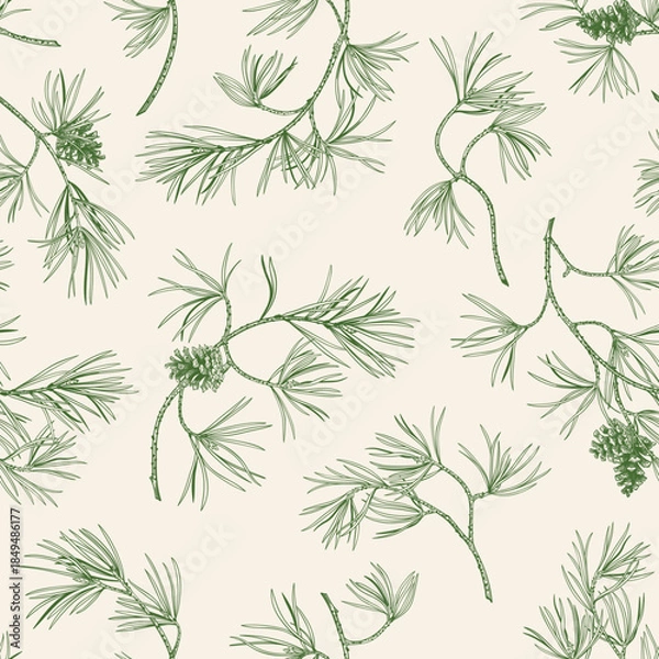 Obraz Seamless botanical pattern with pine branches and cones. Engraving technique.