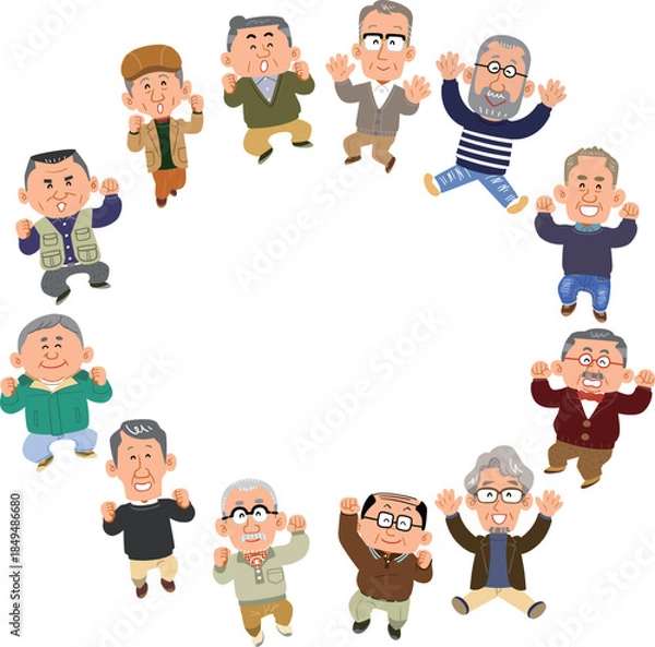 Obraz 輪になってジャンプする12人のシニアの男性